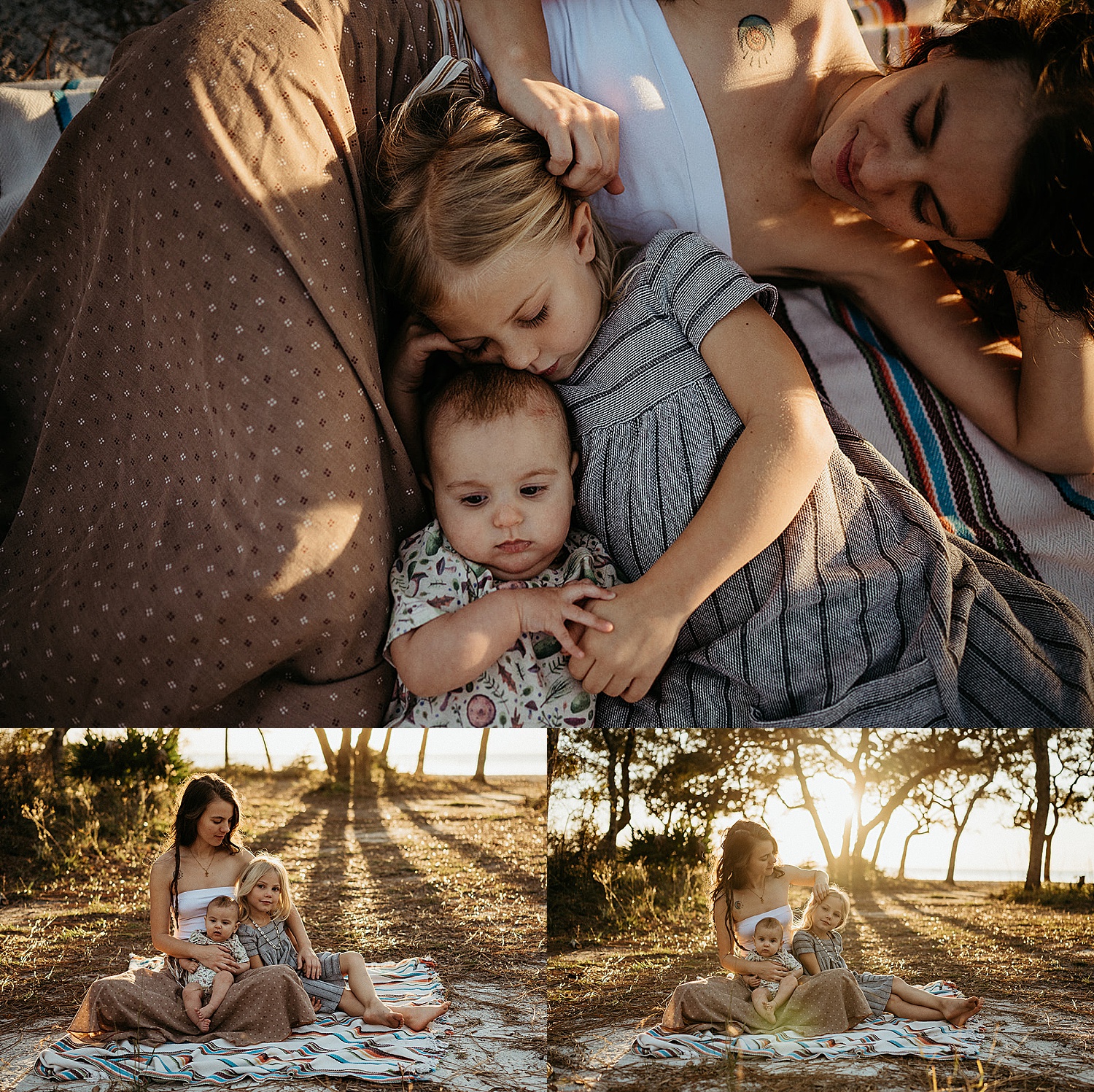 kids lay on momma during beach family session with Destin family photographer 