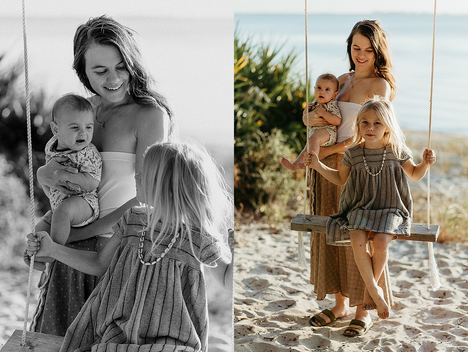 mom pushing daughter on swing in Florida with Destin family photographer 