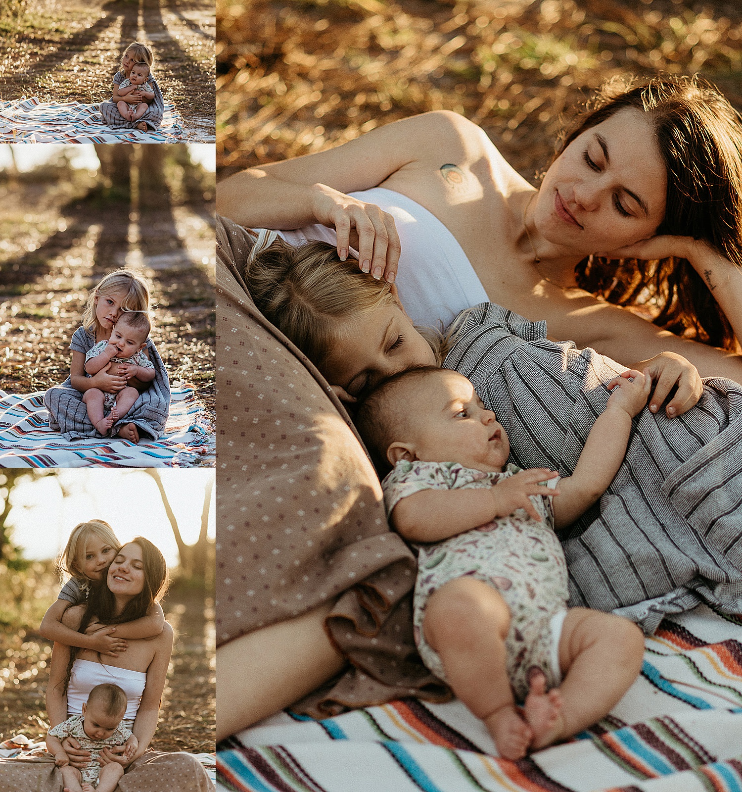daughter holding baby brother on blanket at sunset at beach family session 