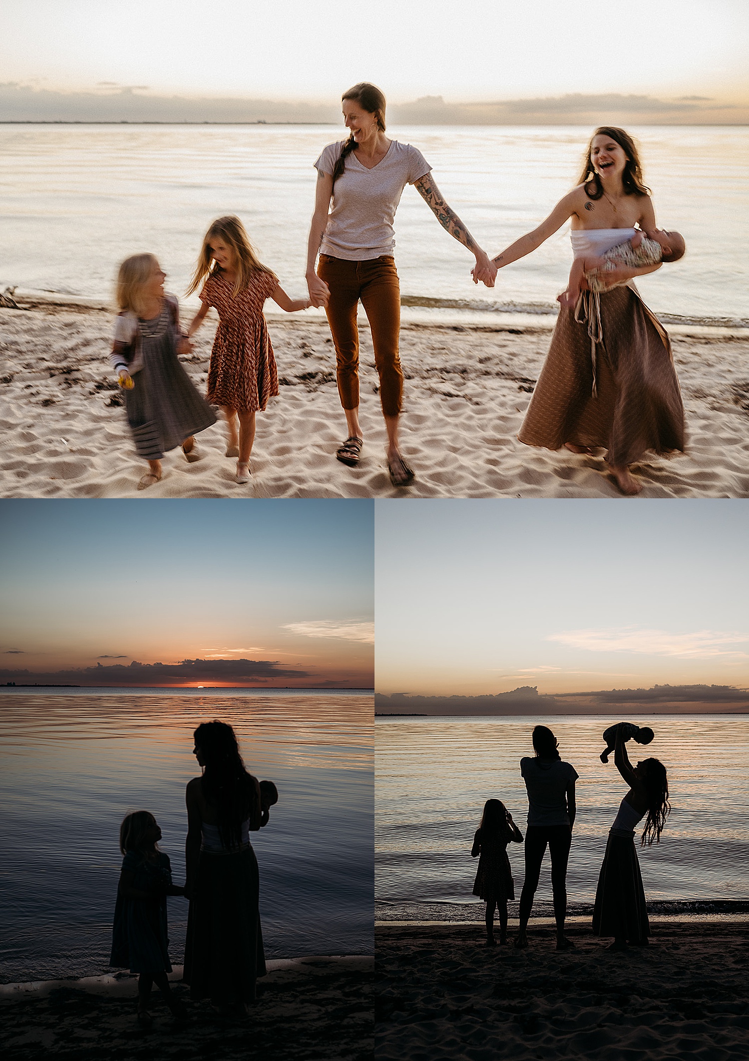 sunset silhouettes of family on the beach during session with Destin family photographer 