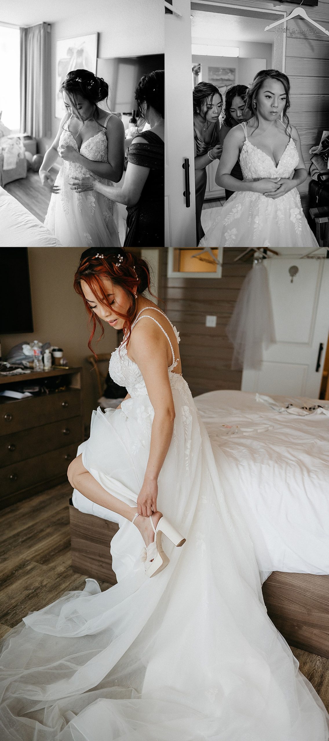 Bride putting on heels after putting on white long wedding dress