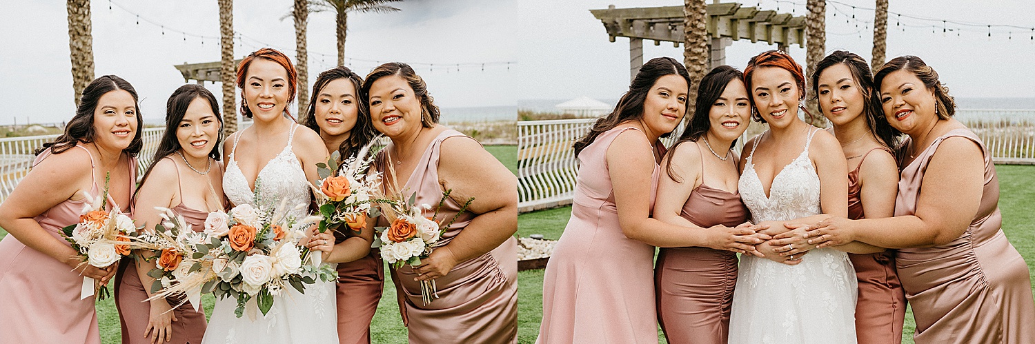 Bride and bridesmaids holding wedding bouquets wearing blush pink dresses