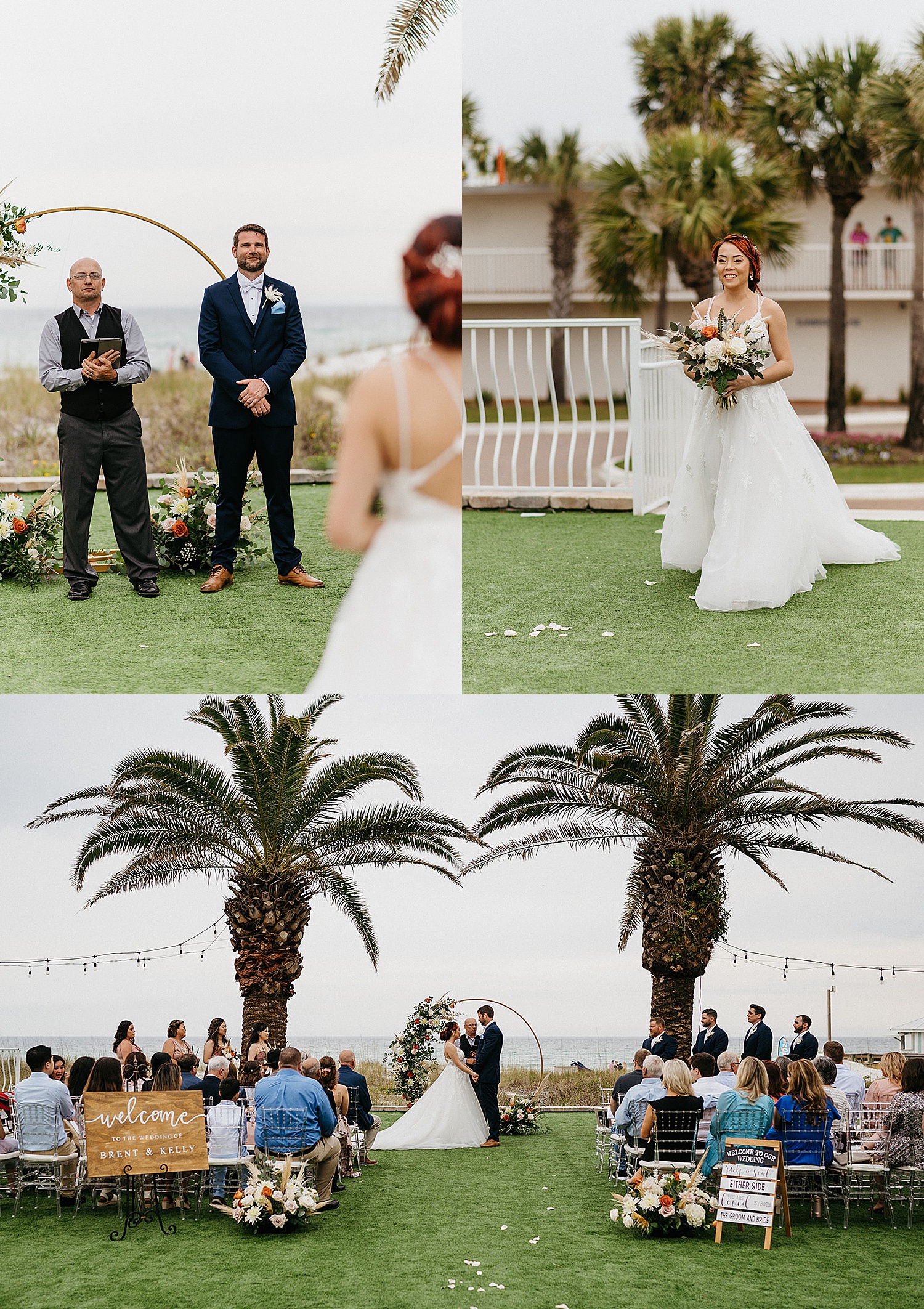 Bride walking down aisle to see groom holding floral wedding bouquet in front of friends and family on beach