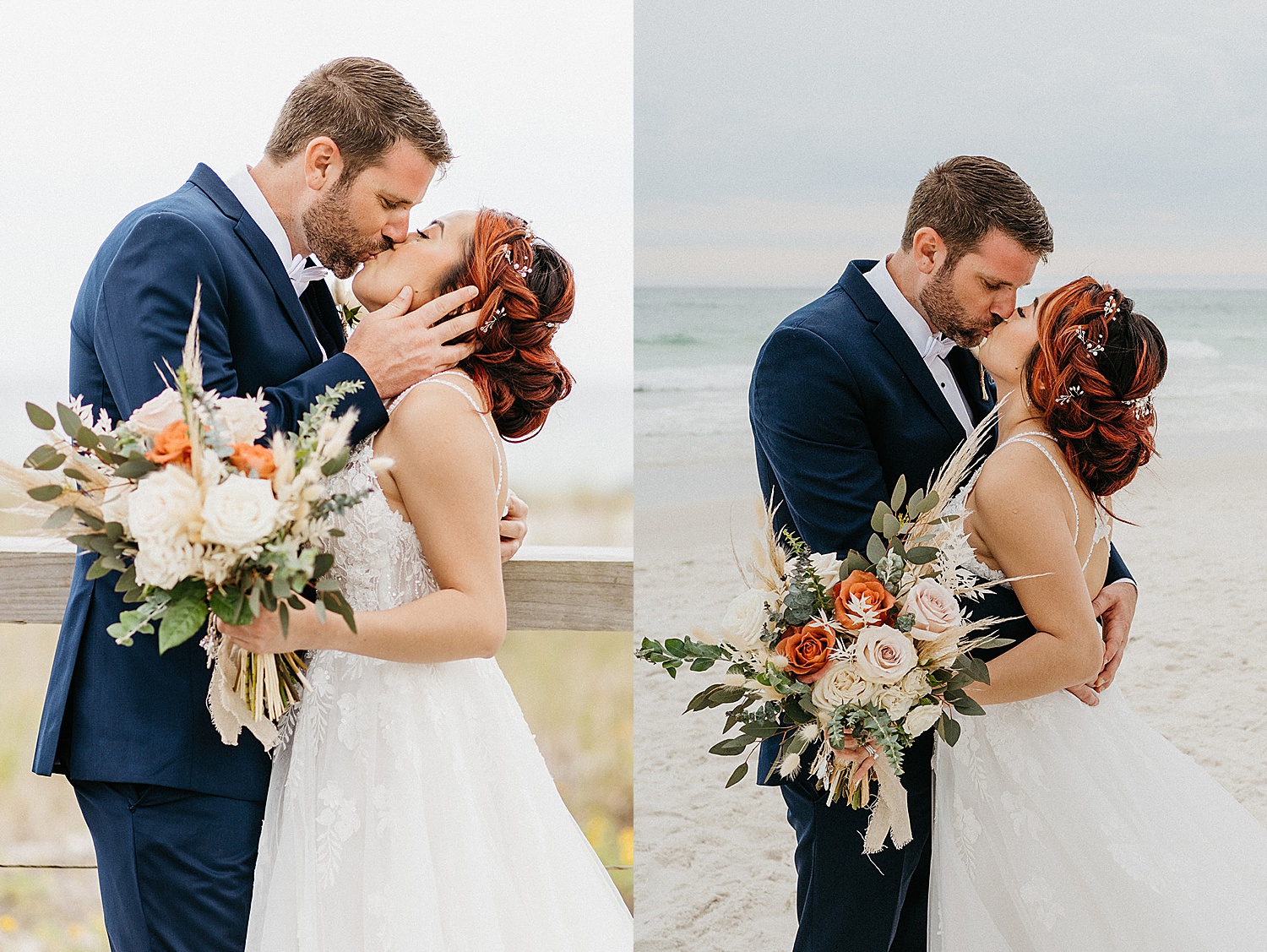 Wedding portraits on beach in front of the island resort on Okaloosa island