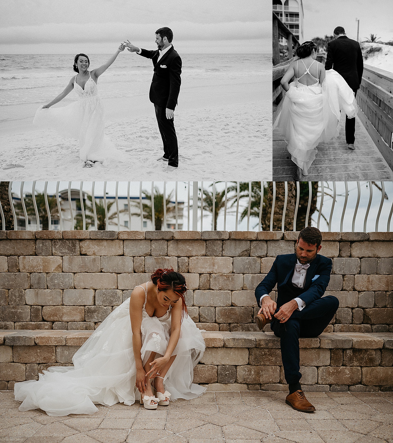 Groom twirls bride on the beach after wedding ceremony walking barefoot