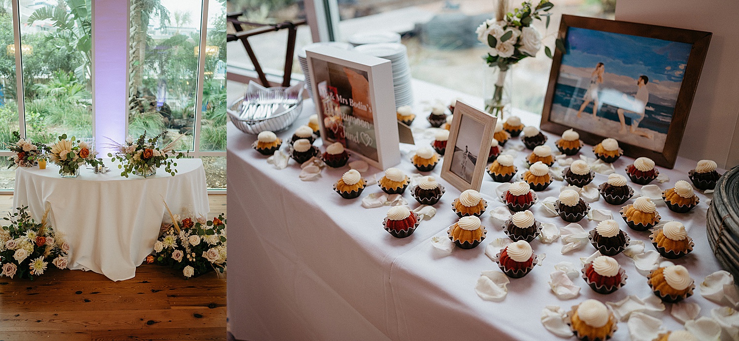 Dessert table at wedding reception at the island resort with cupcakes and floral details
