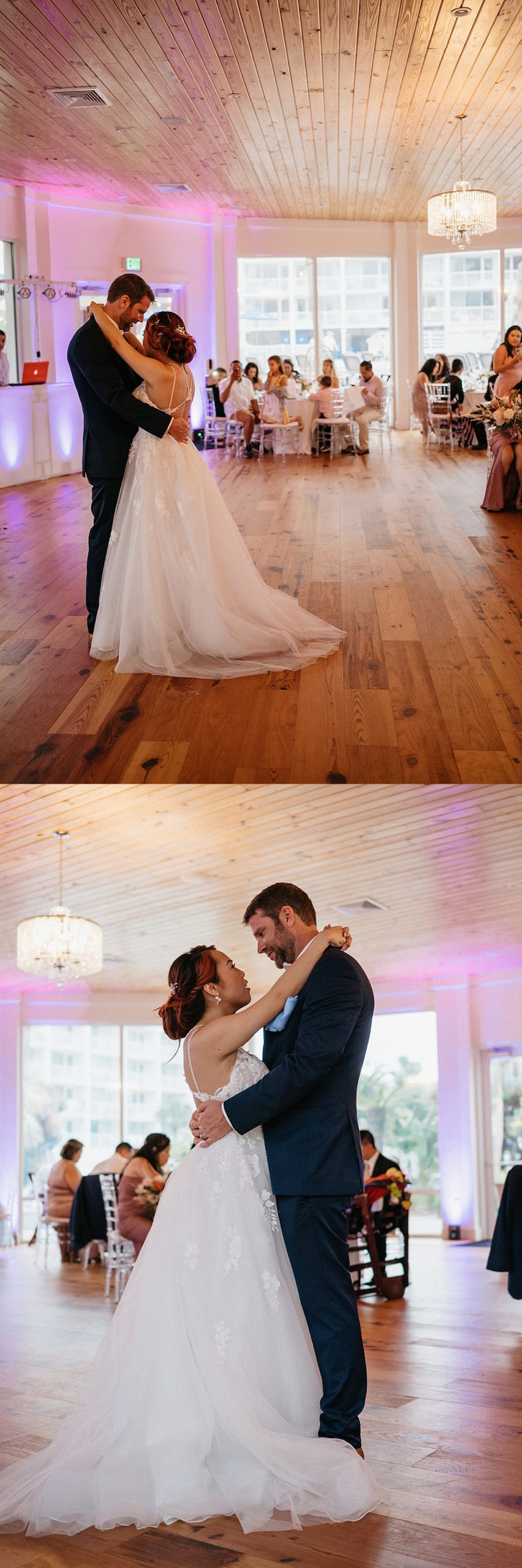 Bride and groom share first dance at wedding reception at the island resort