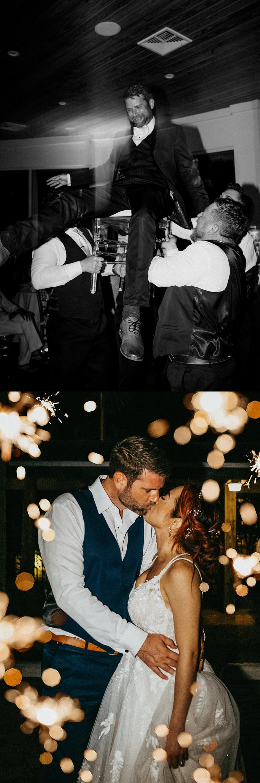 Groom gets thrown up on chair in the air at wedding reception with sparklers at reception