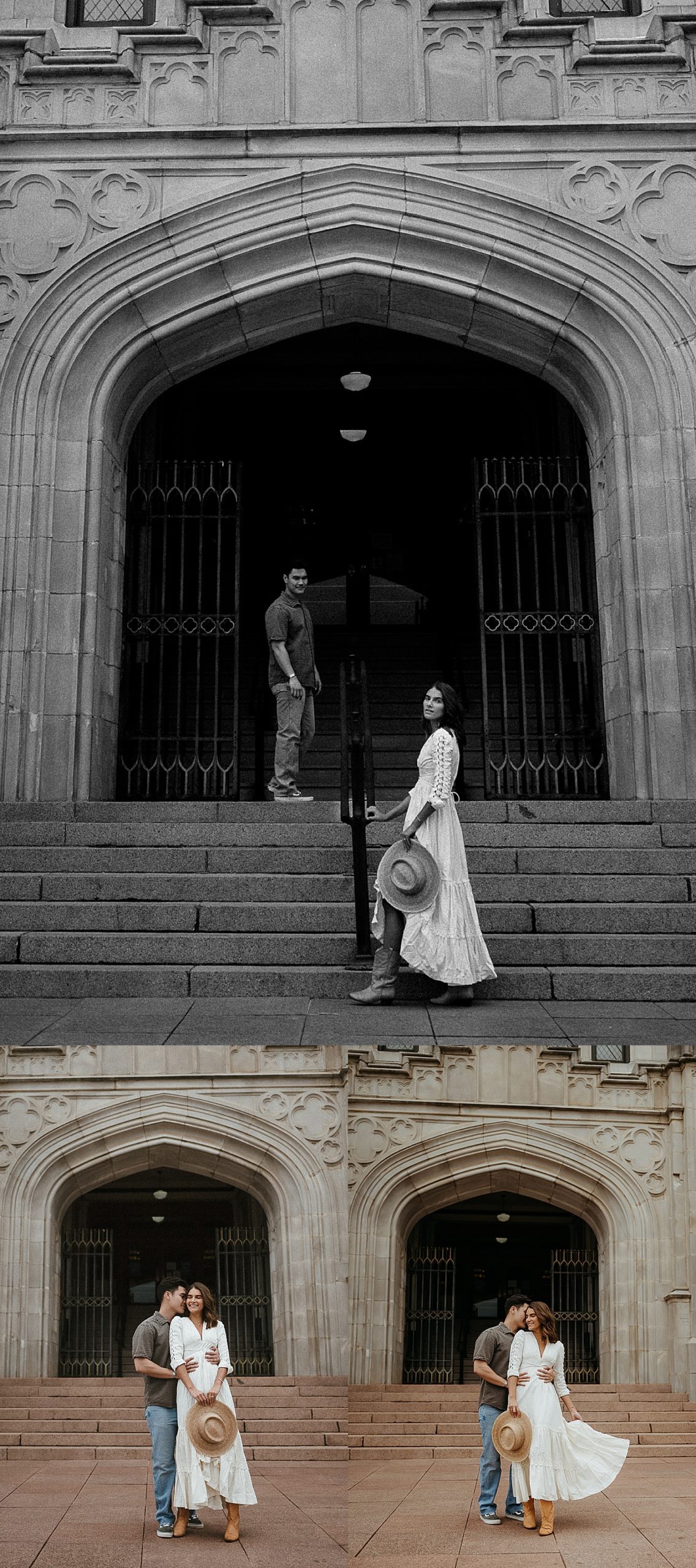 couple standing on the steps of building wearing boho clothing while walking along paths 