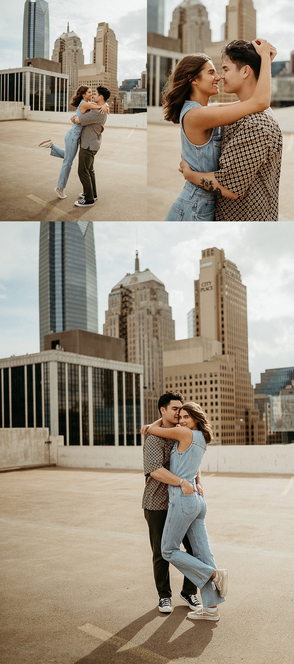 top of parking garage with couple wearing overalls during city couples session 