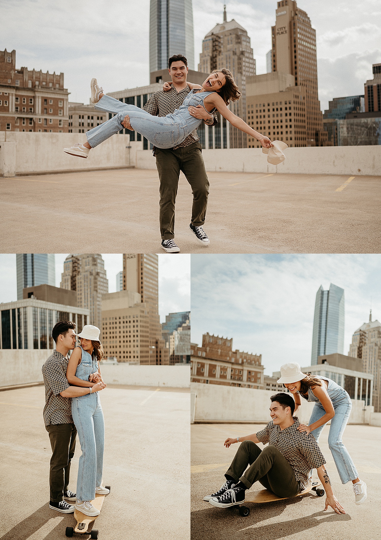 man holding woman on parking garage in Oklahoma with Oklahoma City couples photographer 
