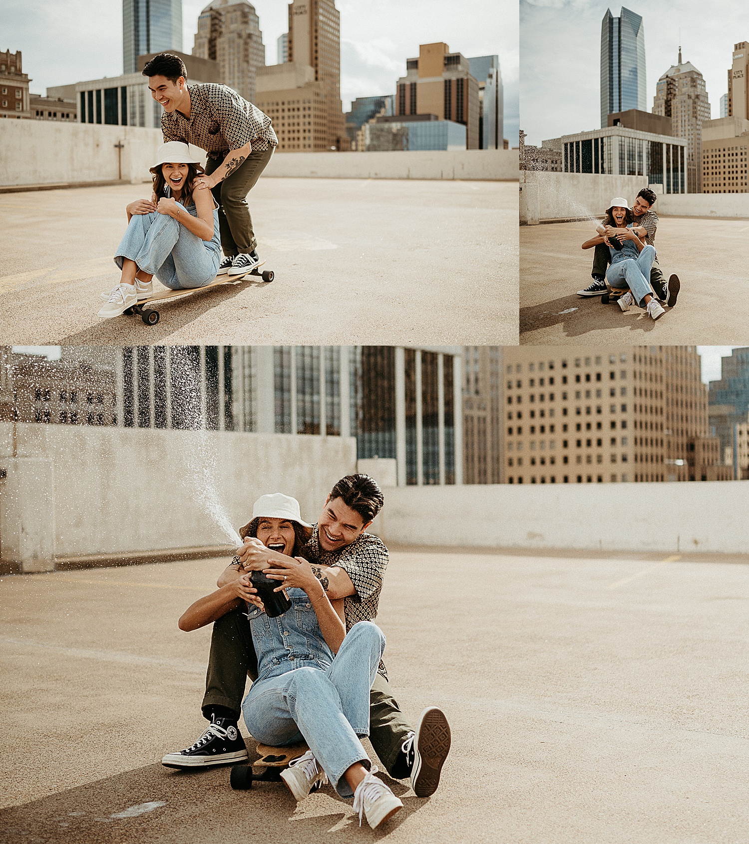 city couples session with skateboard and champagne in OKC