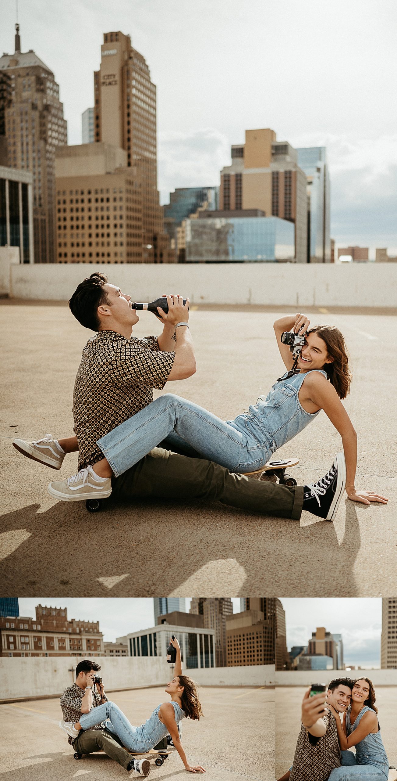 film camera and champagne used as props for Oklahoma City couples session 