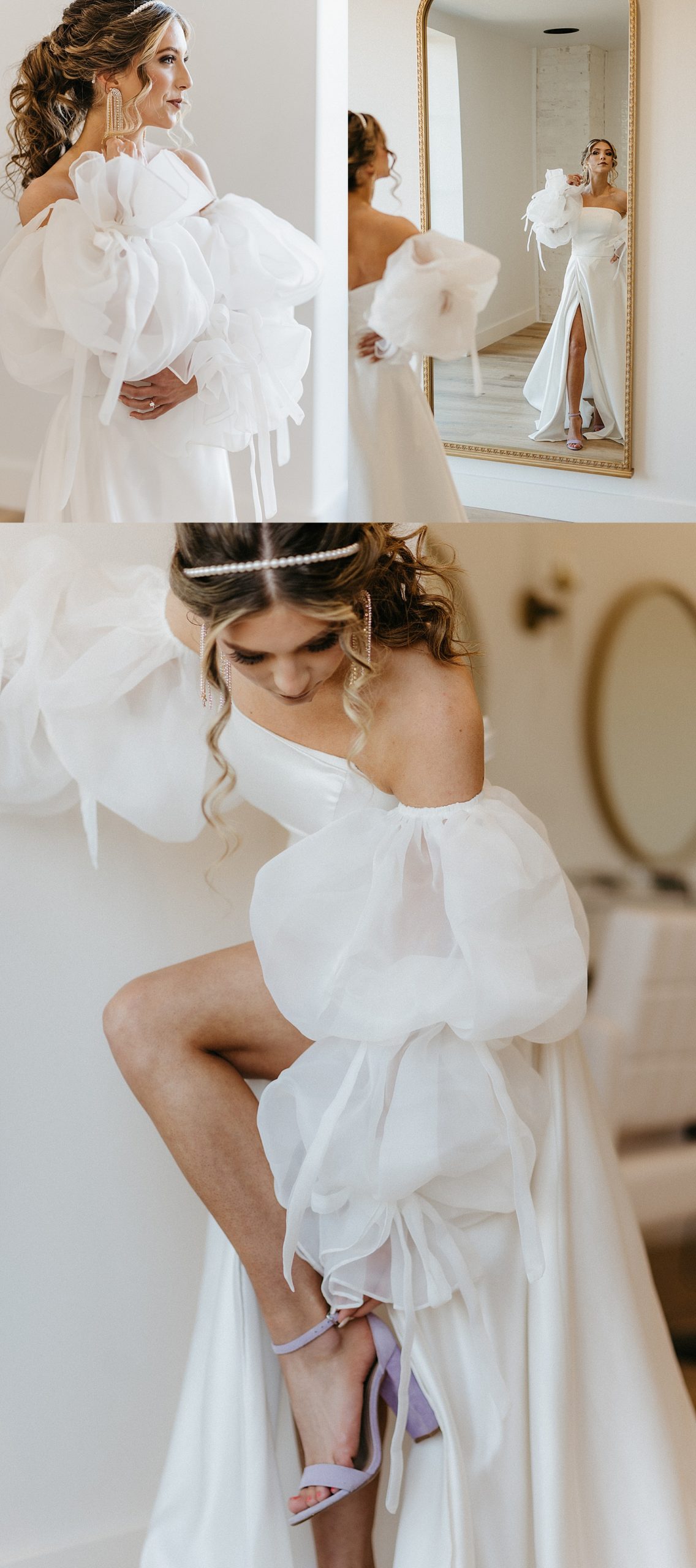 Bride looking in floorlength mirror wearing long wedding dress at the range in Stillwater