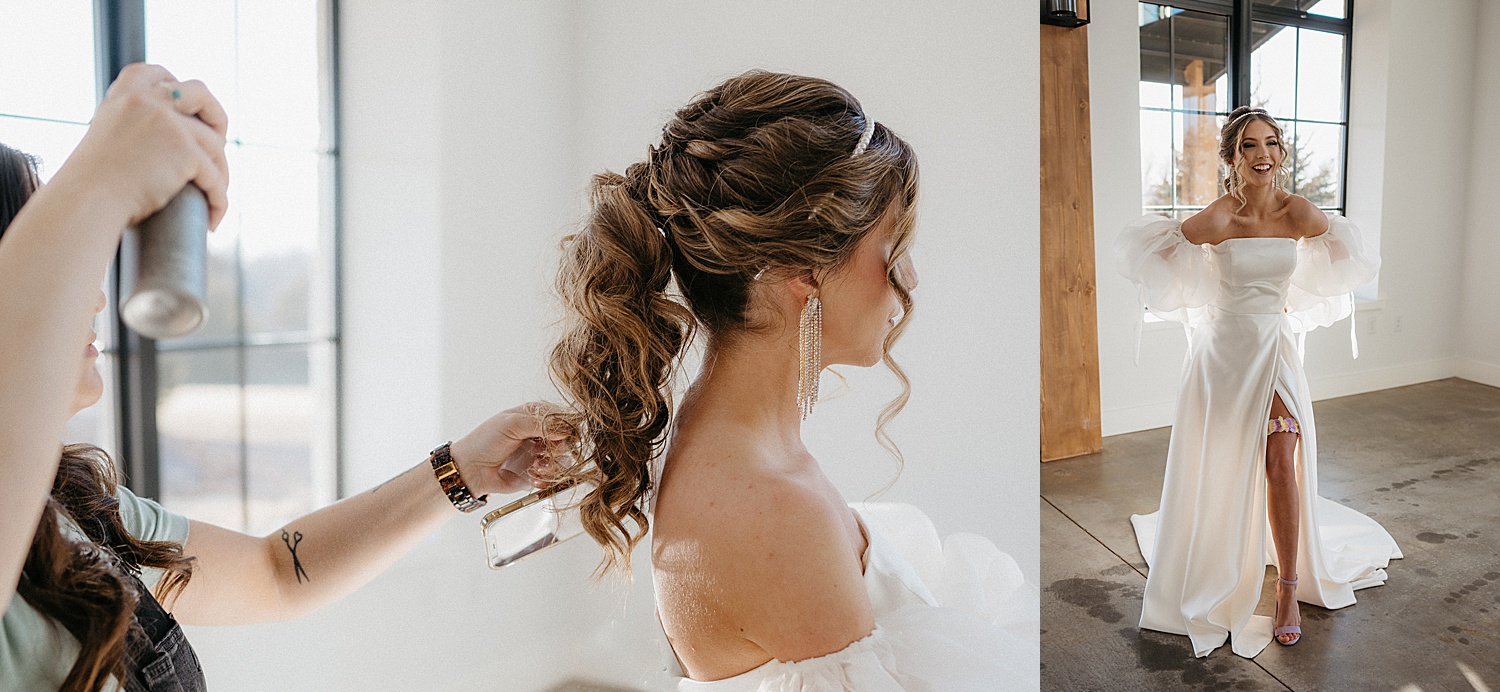 Bear and make up artist spraying hairspray in brides hair on wedding day