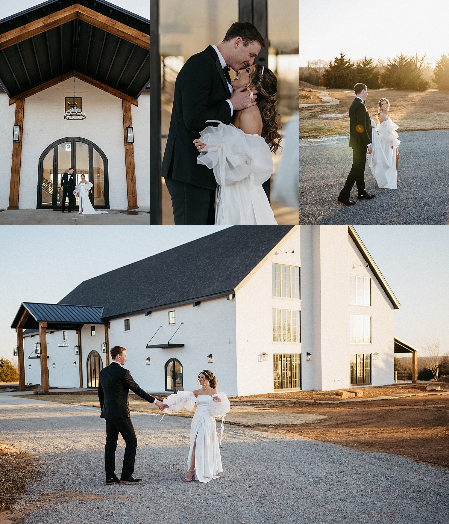 Bride and groom at sunset outside of the range in Stillwater holding hands in driveway