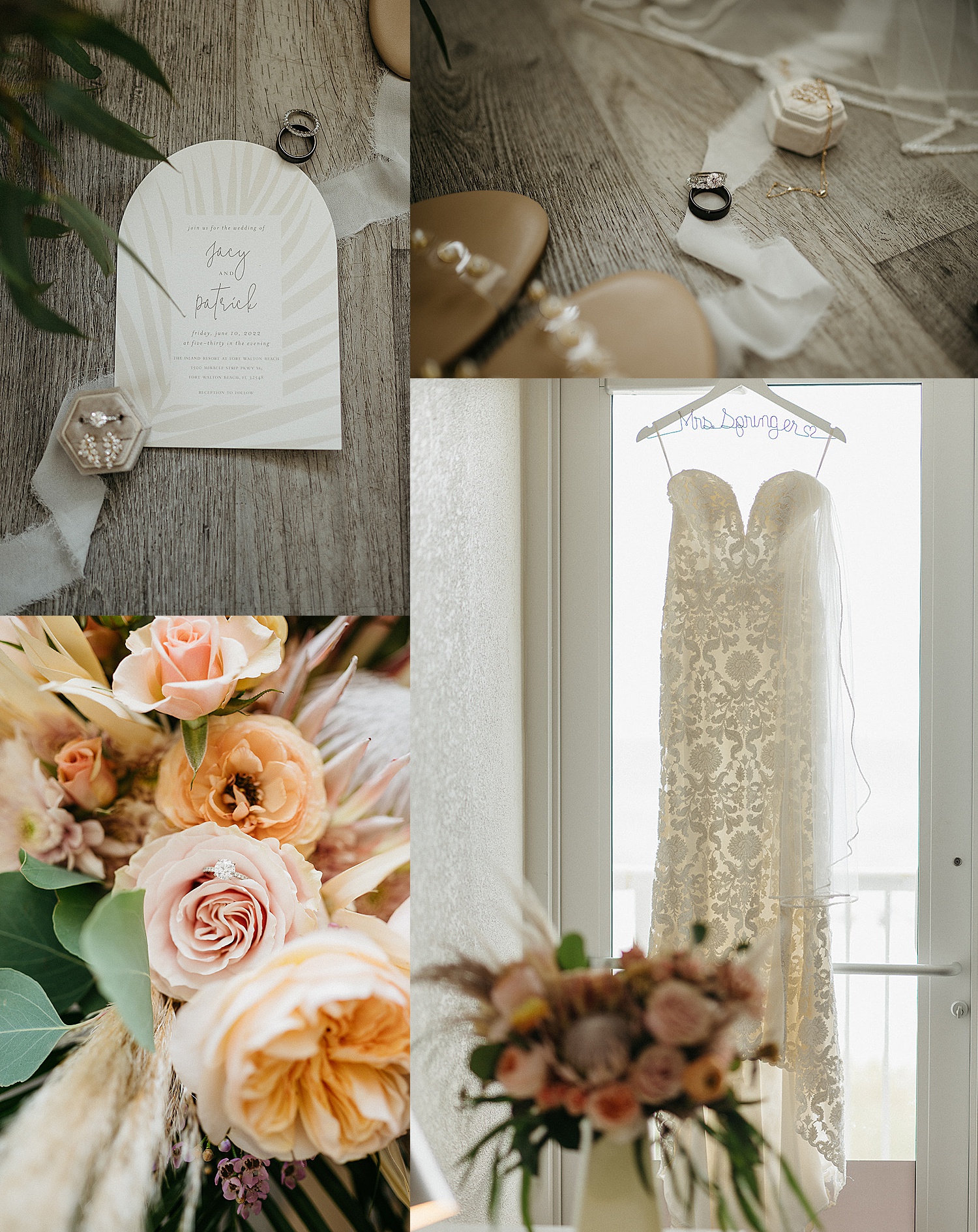 The Island Resort wedding day with details of the dress and wedding florals 