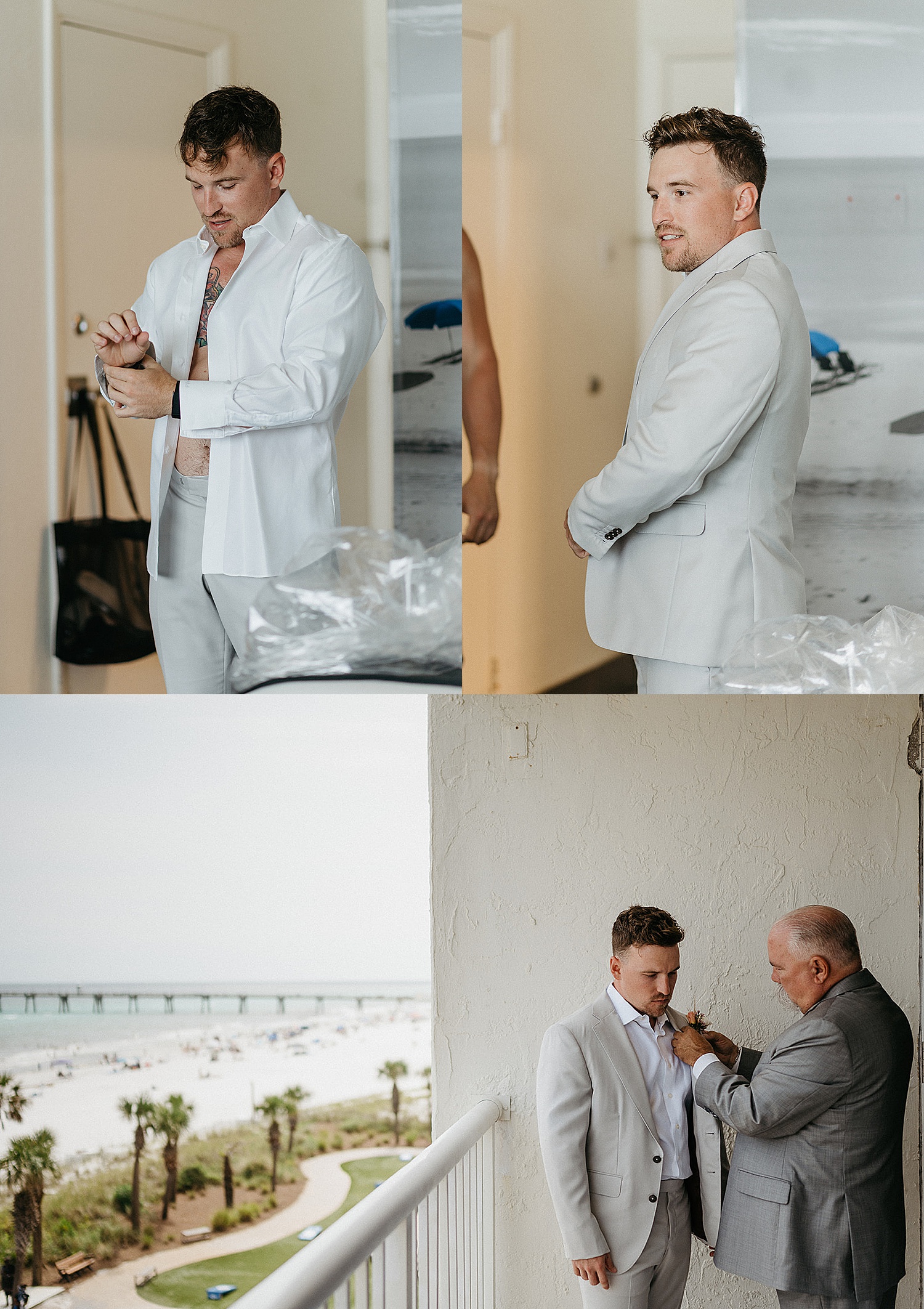 groom and father pinning flowers onto suits before first look with bride by Florida photographer 