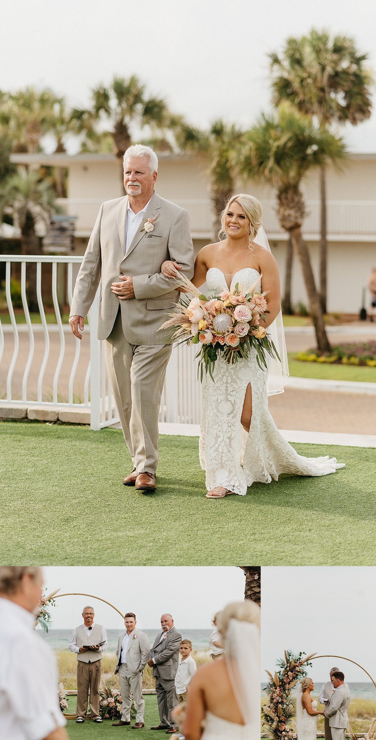 father of bride walking bride down aisle to see groom during wedding ceremony by Florida destination photographer 