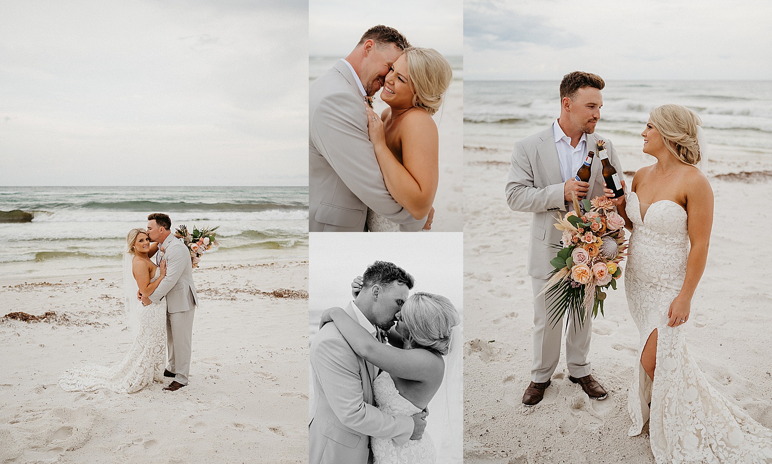 bride and groom drink beer on the beach during portraits in Florida by Emily Burns Photography