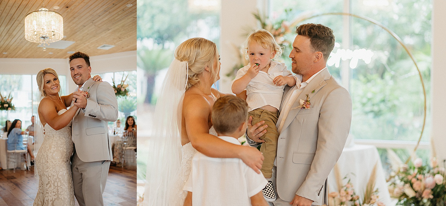 first dance with brides and groom on wedding day with two sons by Florida destination photographer 