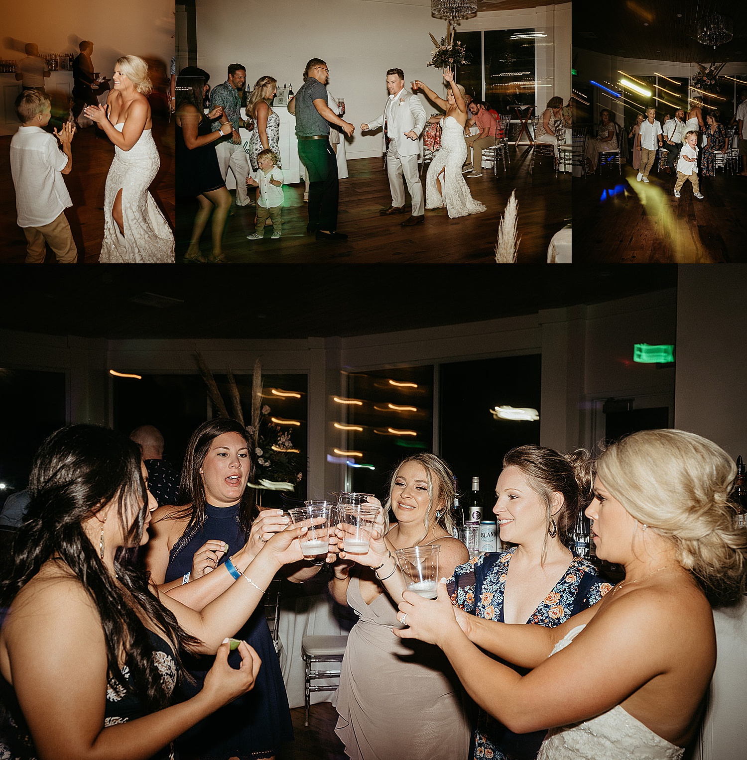 wedding reception with guests dancing and taking shots on the dance floor by Emily Burns Photography