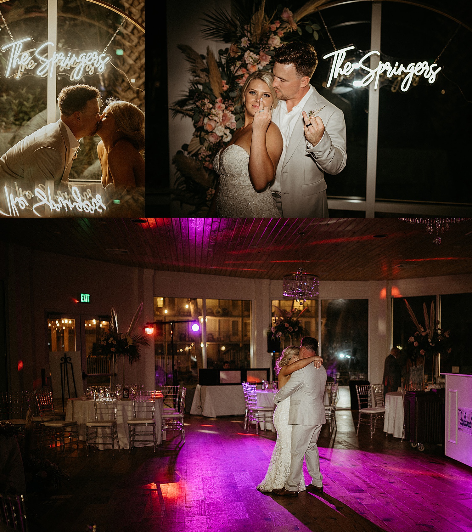 private last dance with bride and groom under neon signs