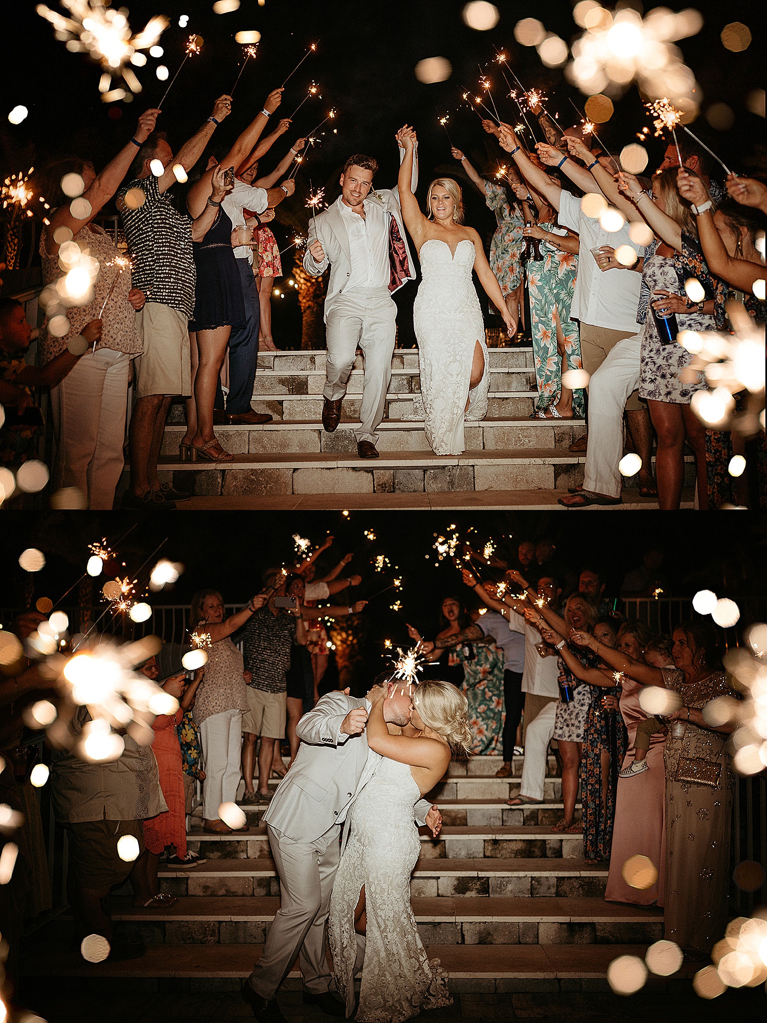 The Island Resort wedding during sparkler send off under guests and family 