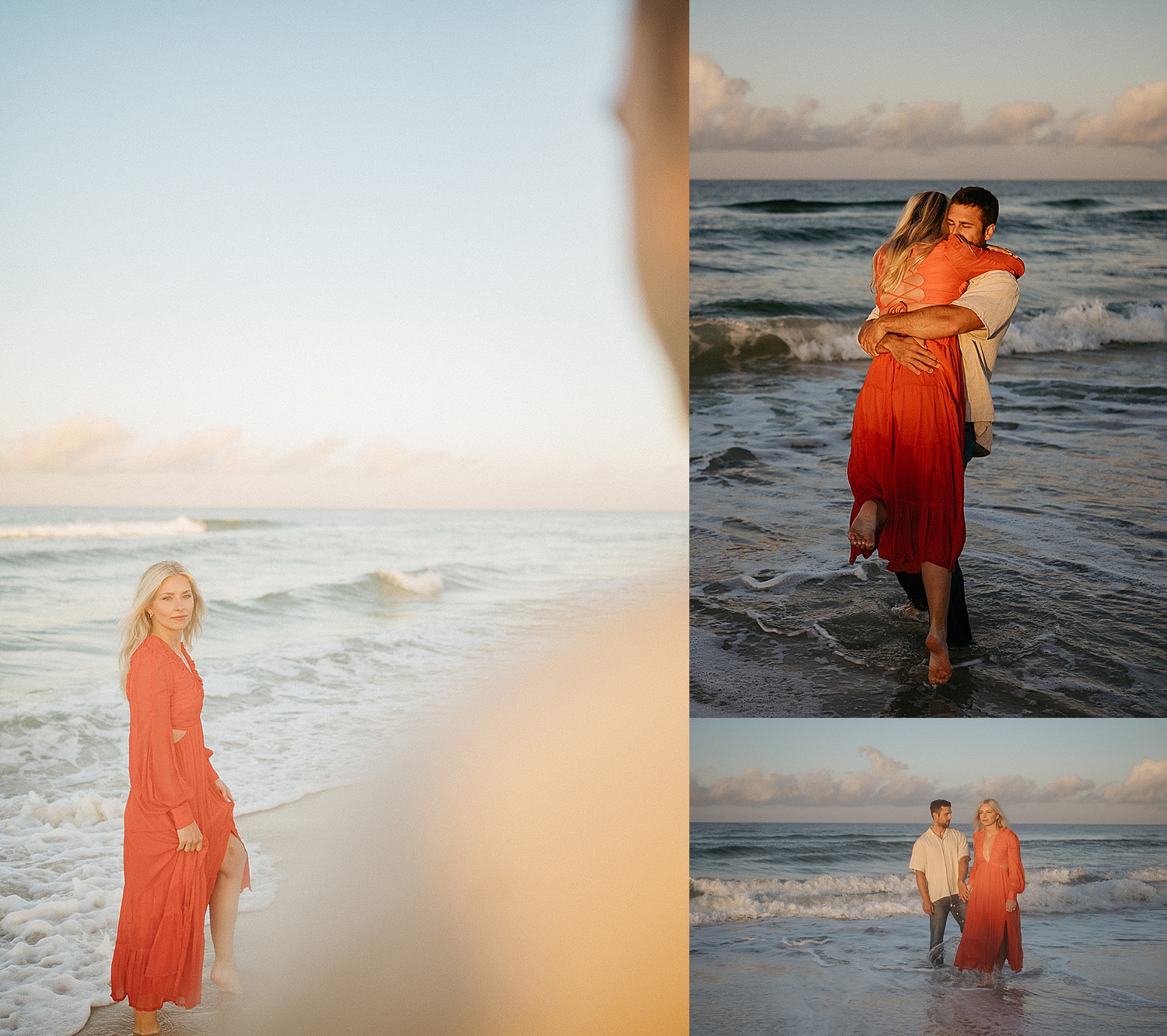 running in the water during morning session with engagement photographer 