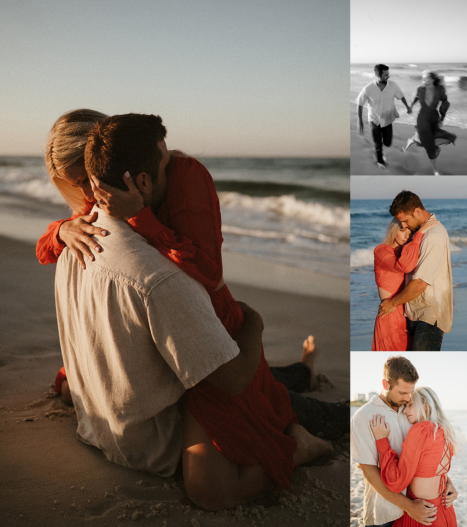 filmy blurry running portraits of engaged couple on the beach 