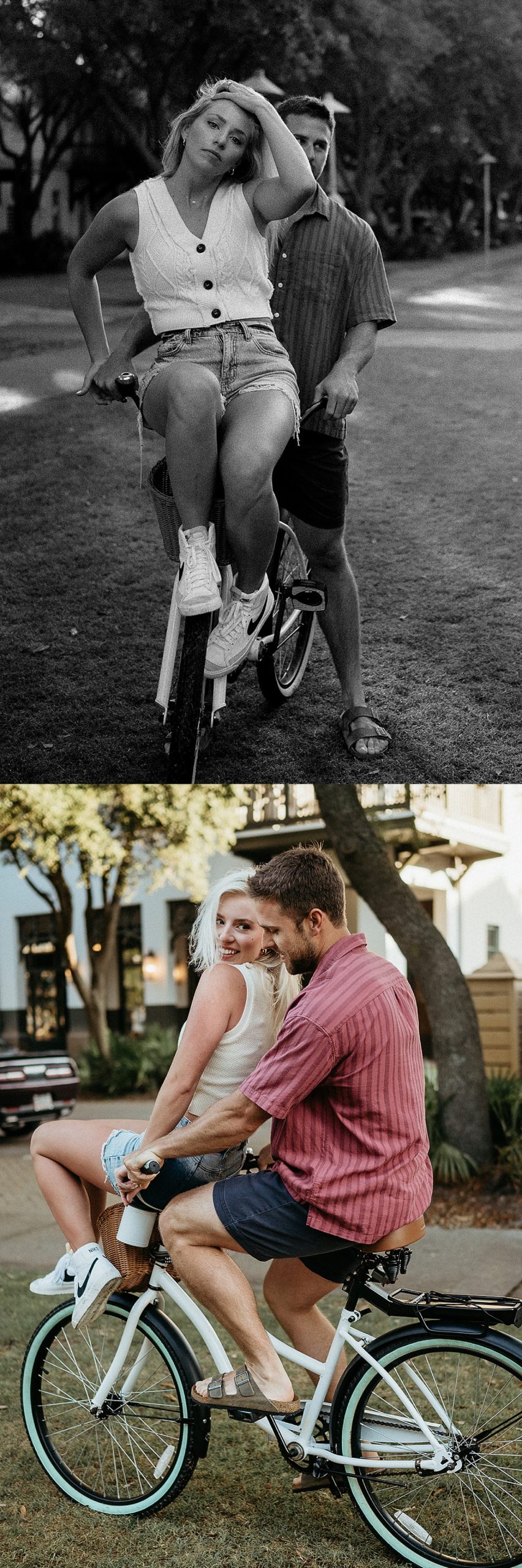 couple wearing sweater vest while riding bikes during engagement session 
