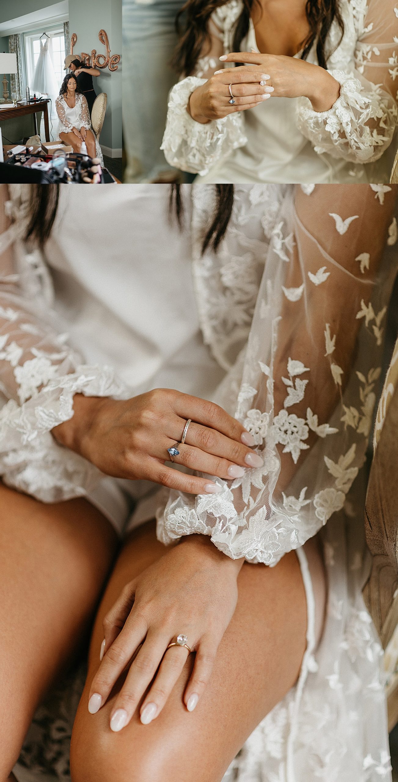 bride getting her make up done and showing off her diamond engagement ring while wearing a white lace robe 
