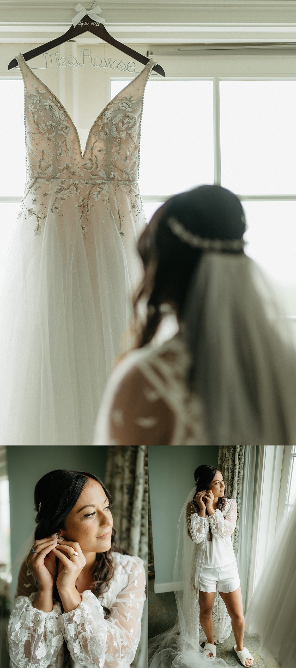detailed photos of the bride putting on her earrings before putting her wedding dress on 