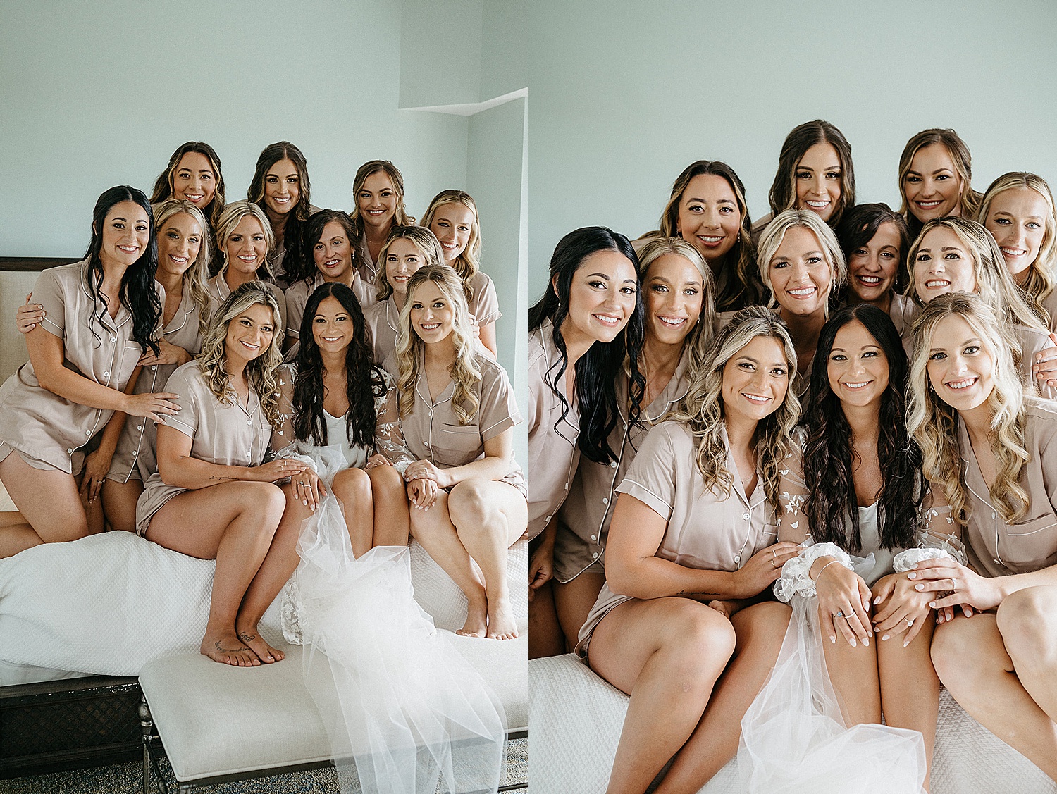 bride and bridesmaids sitting on bed before putting dresses on after getting hair and makeup done 