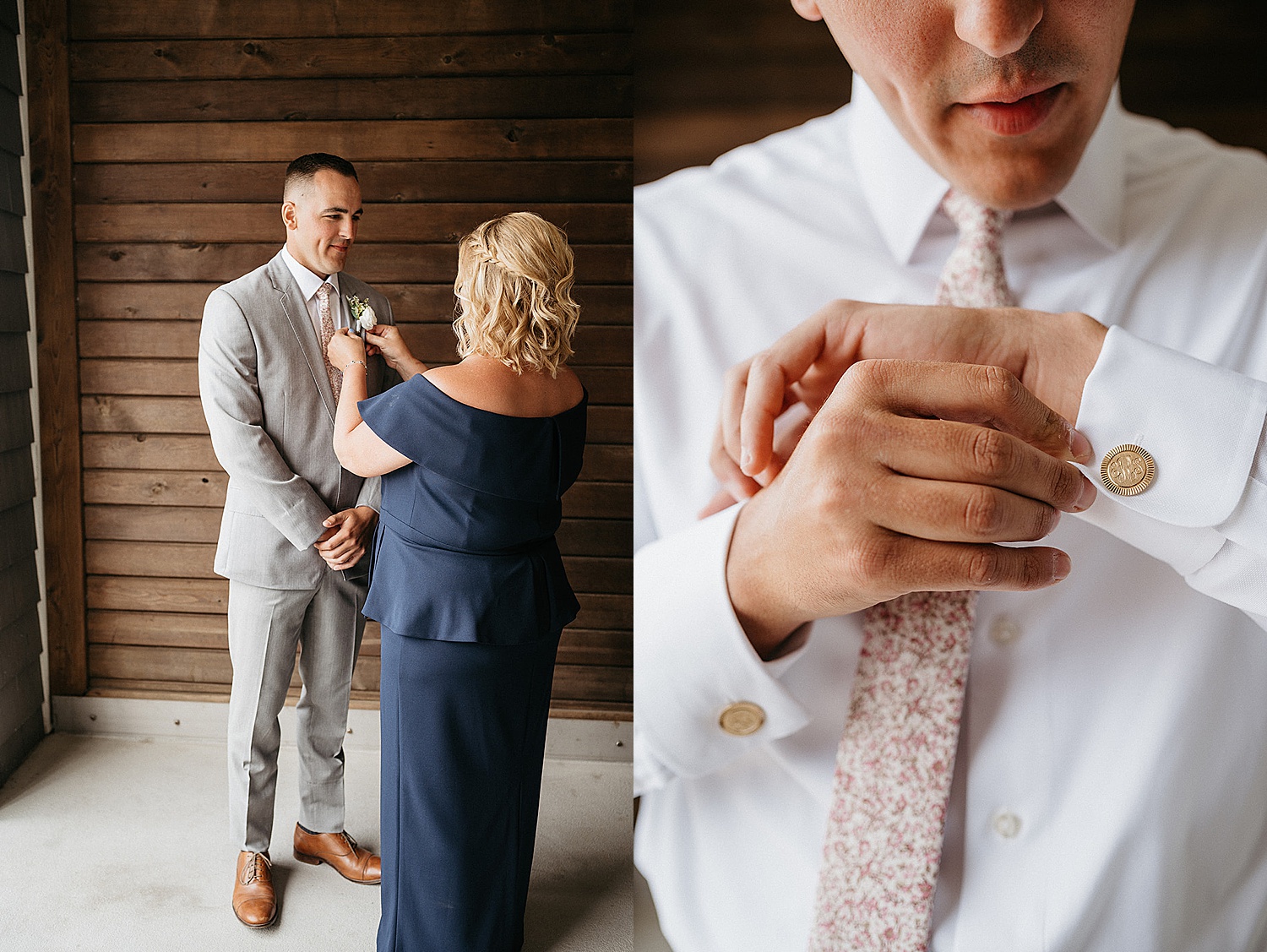 groom wearing a cufflink detail and having mom put on boutonnière 