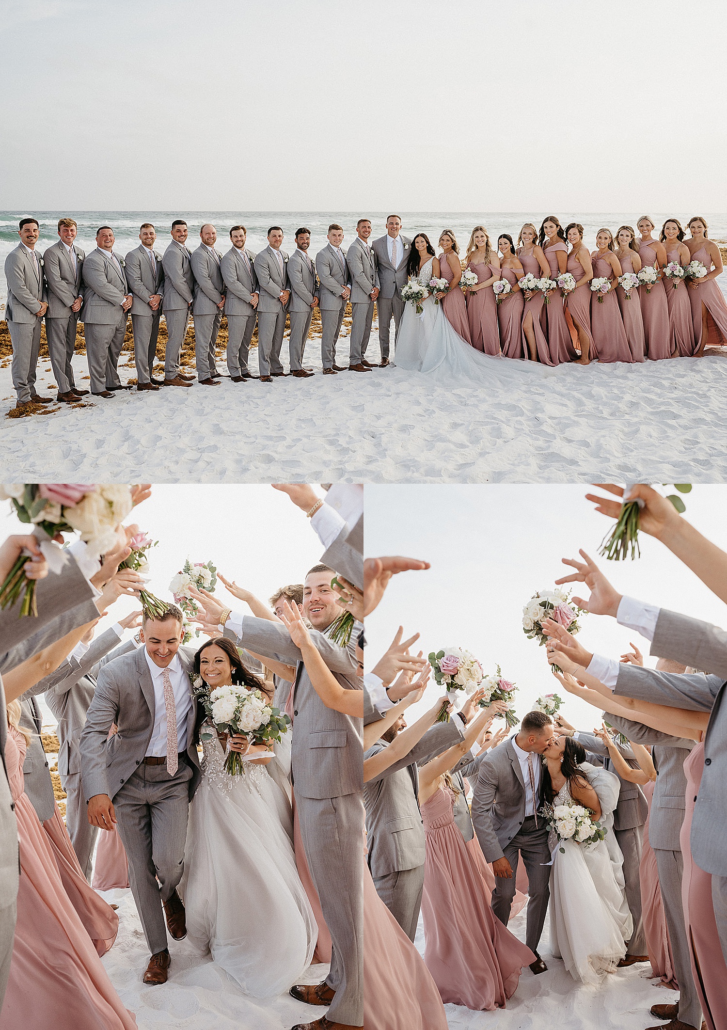 bride and groom with wedding party n the beach outside of Henderson beach resort in Destin 