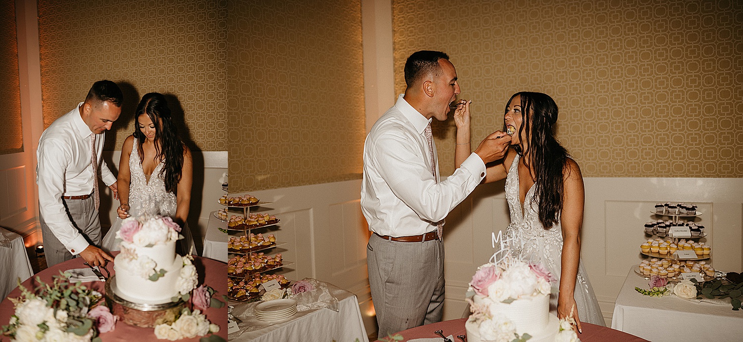 cake cutting with bride and groom at Henderson beach resort reception hall 
