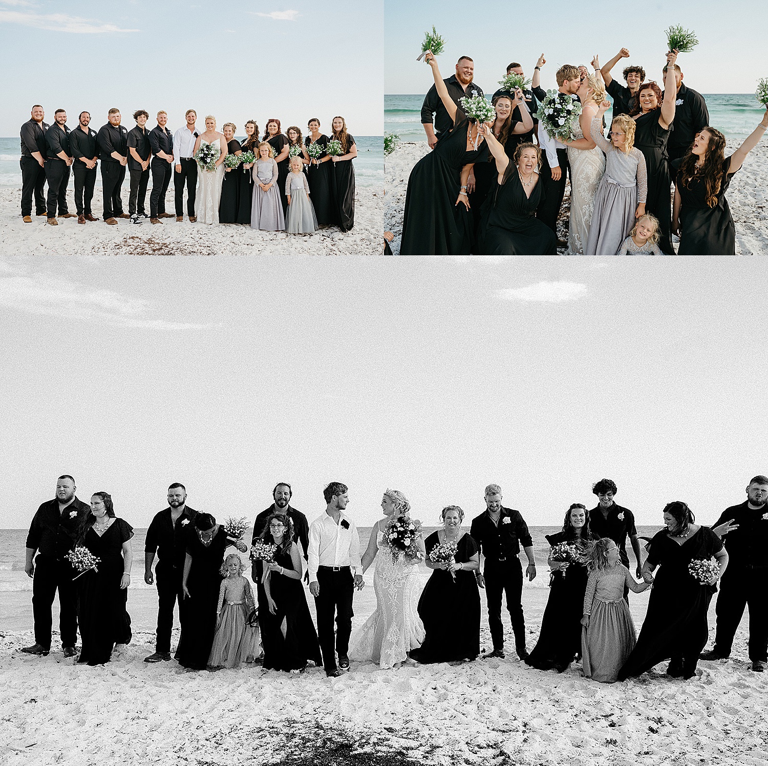wedding party photos in all black dresses and suits holding bouquets