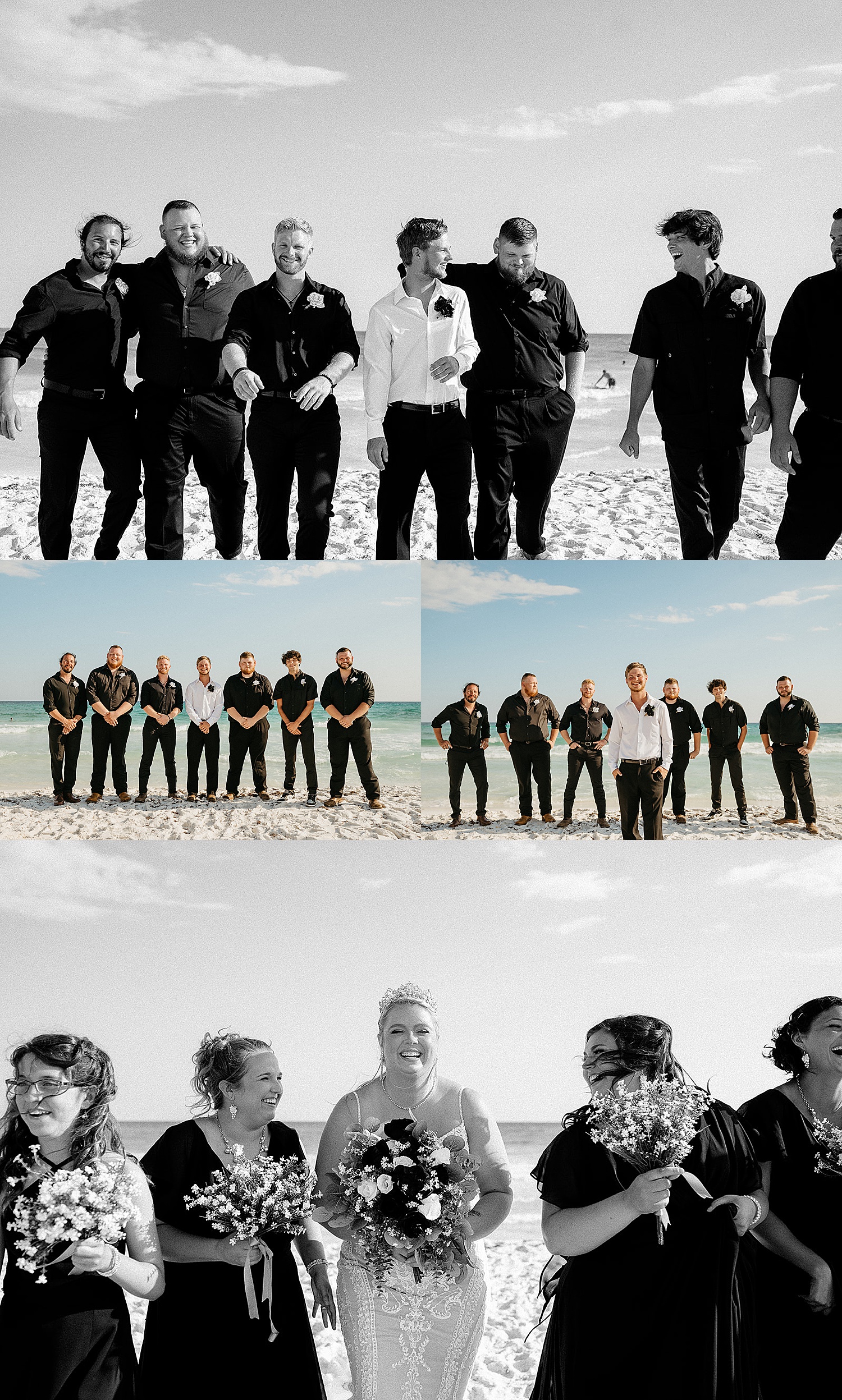 groomsman wearing black shirts and pants with boutonnières for Destin Beach wedding