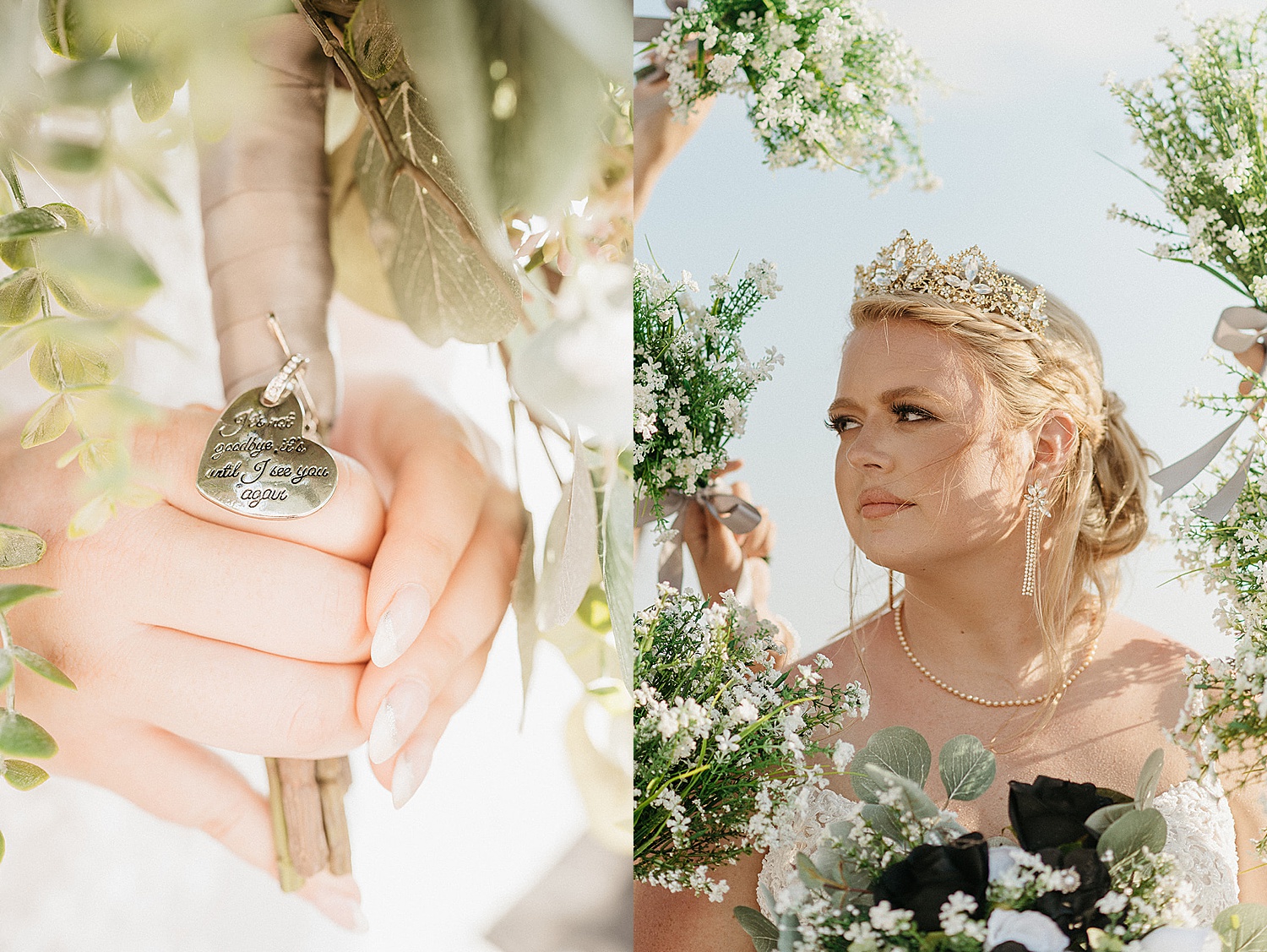 portrait of bride with florals around her face and bouquet pendant 