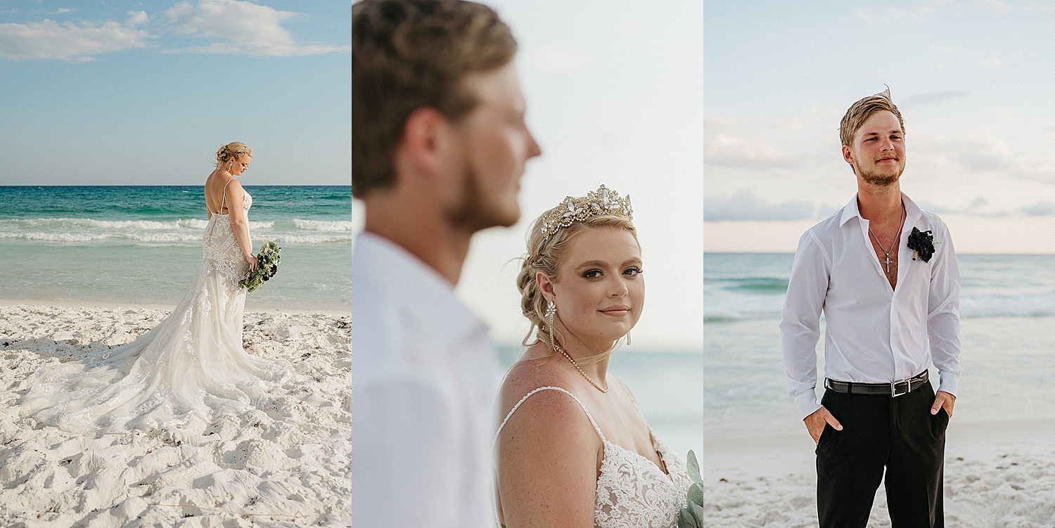 portraits of bride and groom after ceremony with bride wearing crown 