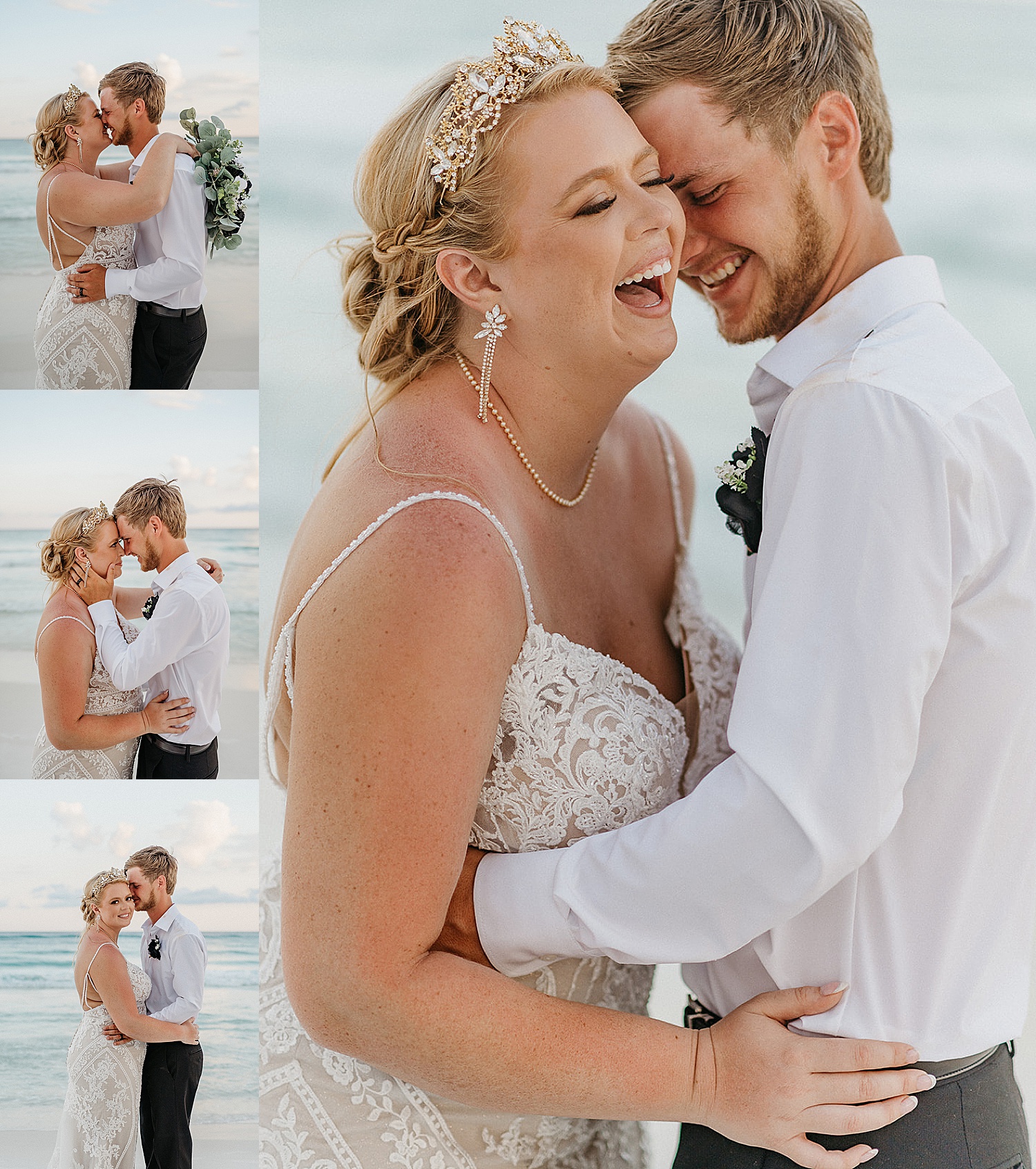 bride wearing long diamond earrings and crown holding only groom by Florida wedding photographer