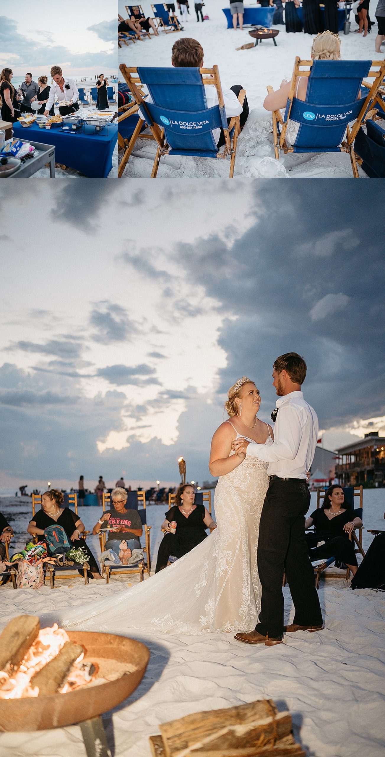 bonfire on the beach with catering and chairs from la dolce vita by Florida wedding photographer