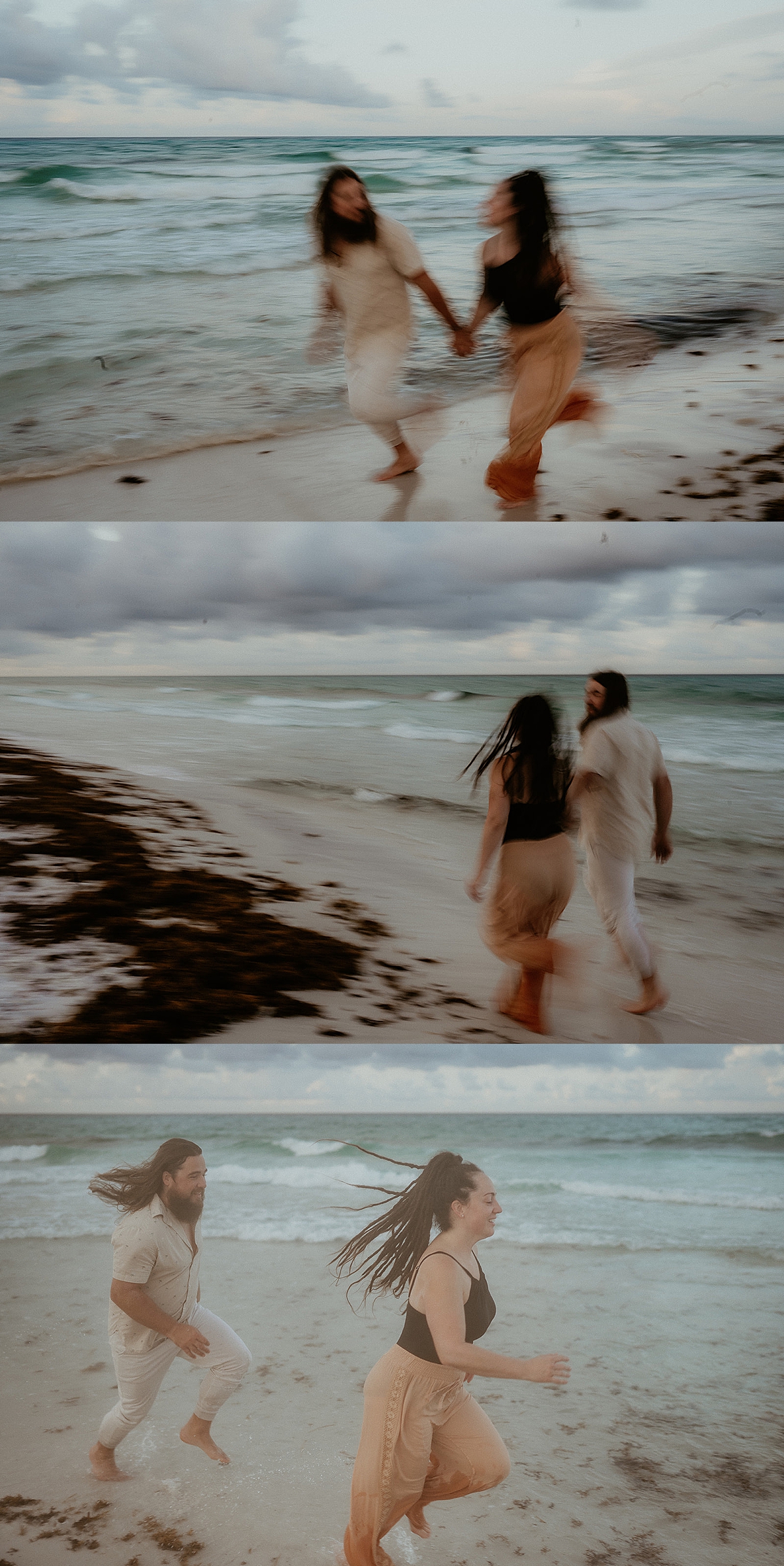 blurry film photos of couple running in the water during Florida session on windy morning 