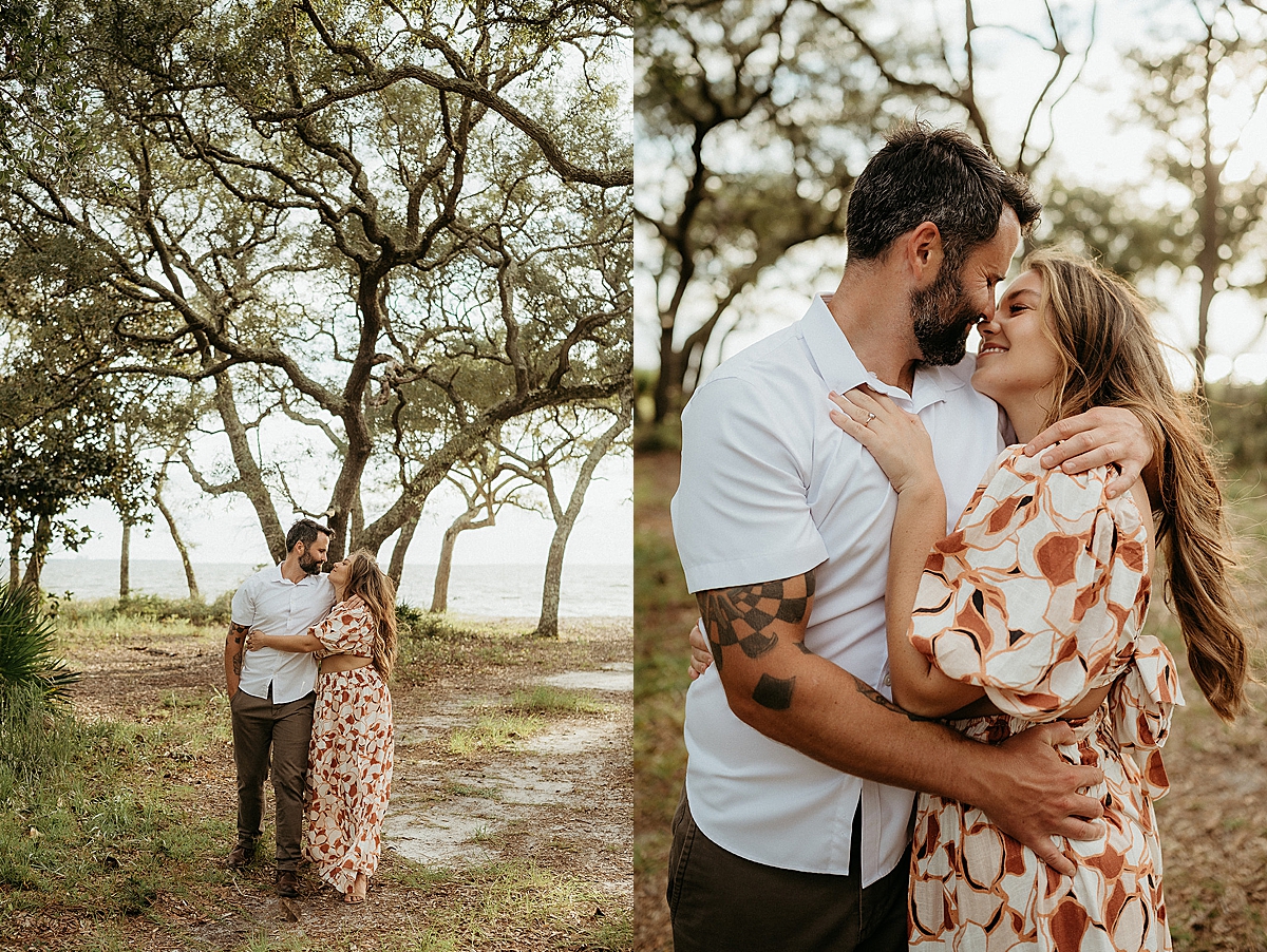 sunset engagement session with man and woman at woody beach park