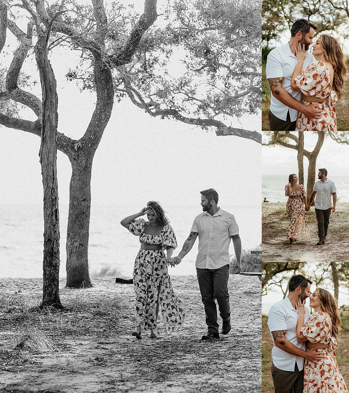 engaged couple in florida walking on beach at sunset wearing two piece dress