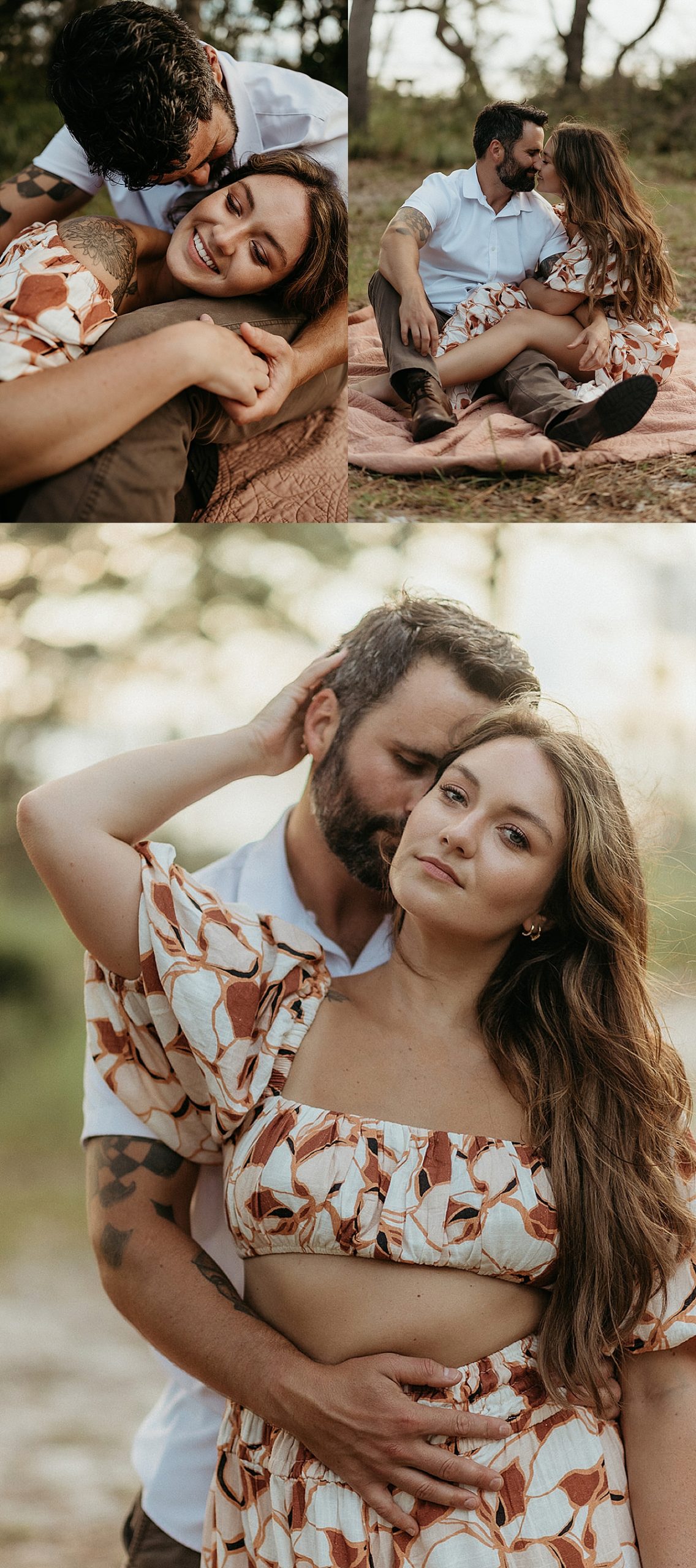 couple sitting on blanket during engagement session with 30A engagement photographer 