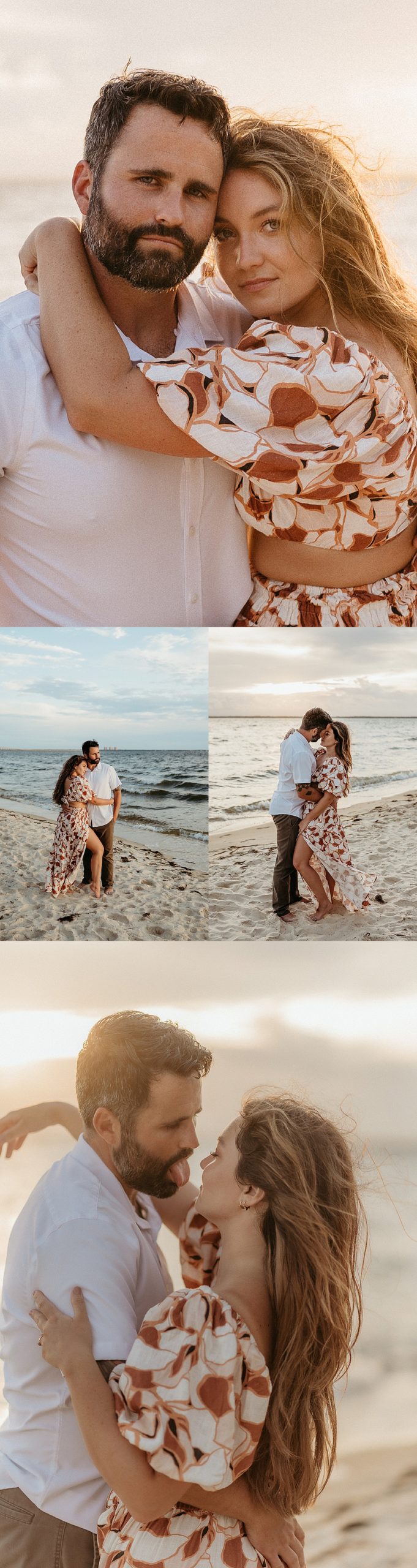 engaged couple walking on the beach at sunset and playing in the water 