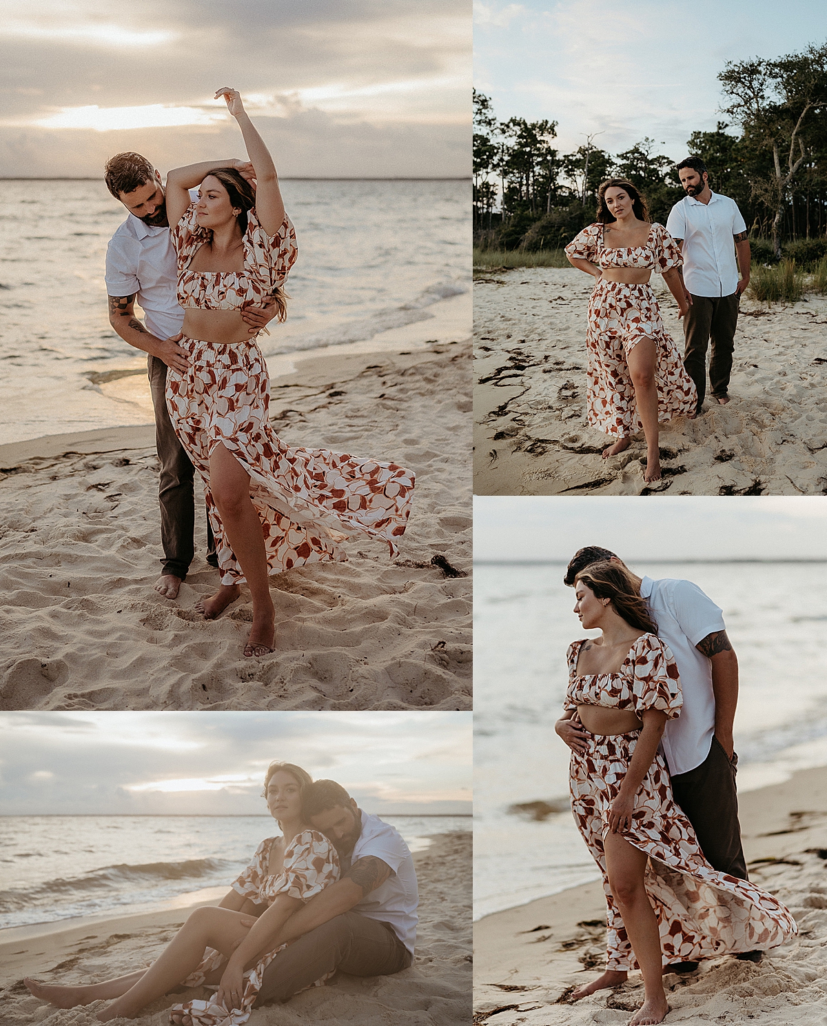 woman wearing two piece dress with florals during engagement session with 30A engagement photographer 
