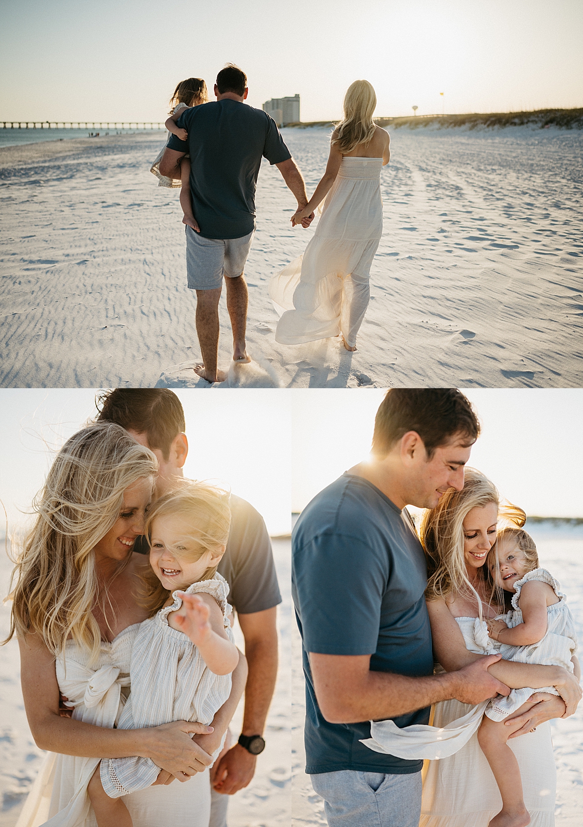 Navarre Beach family session with mom, dad, and little girl Emma in neutral colored clothing